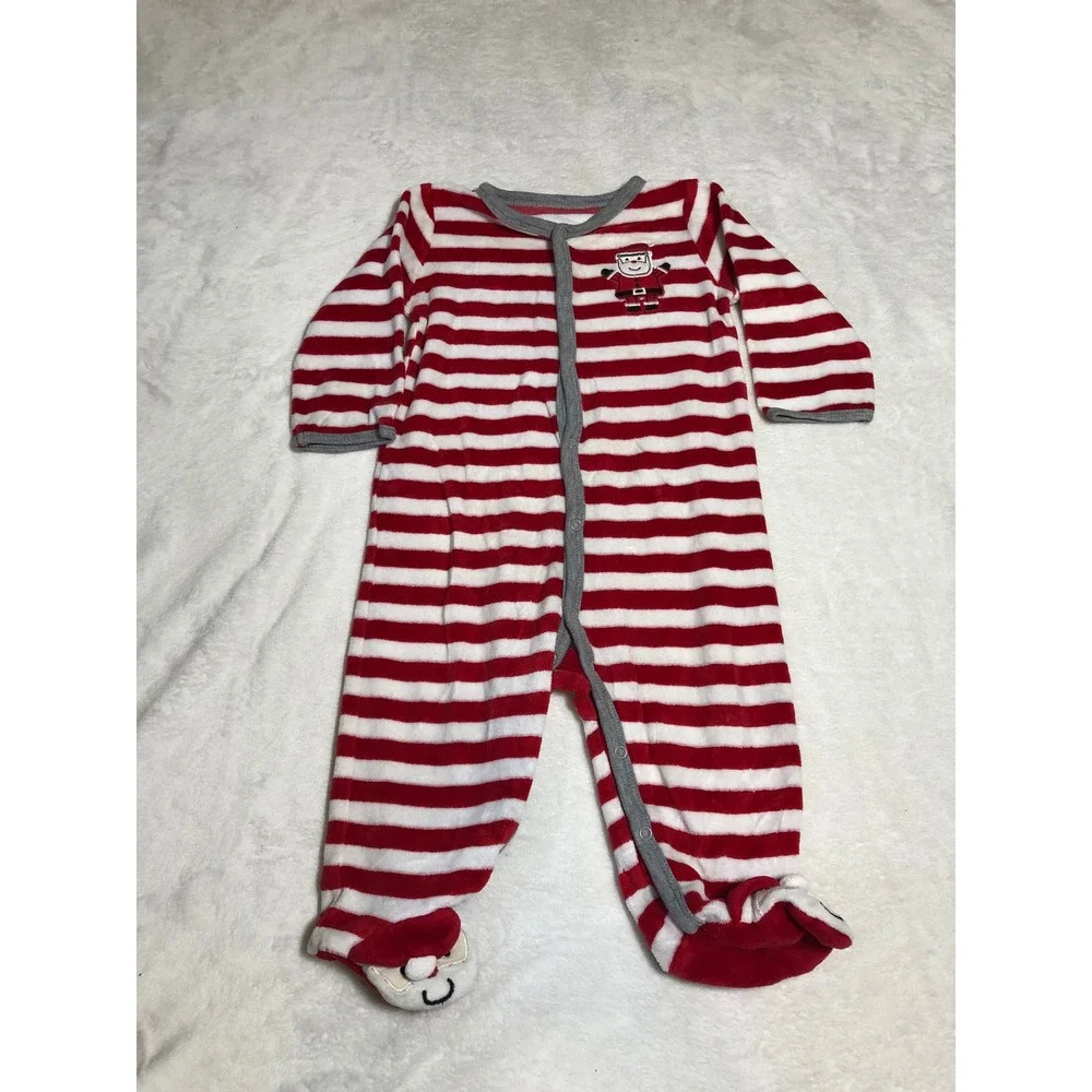 5/$25 Carter's Footed Fleece Pajamas 9 Months Red White Santa Striped Sleeper
